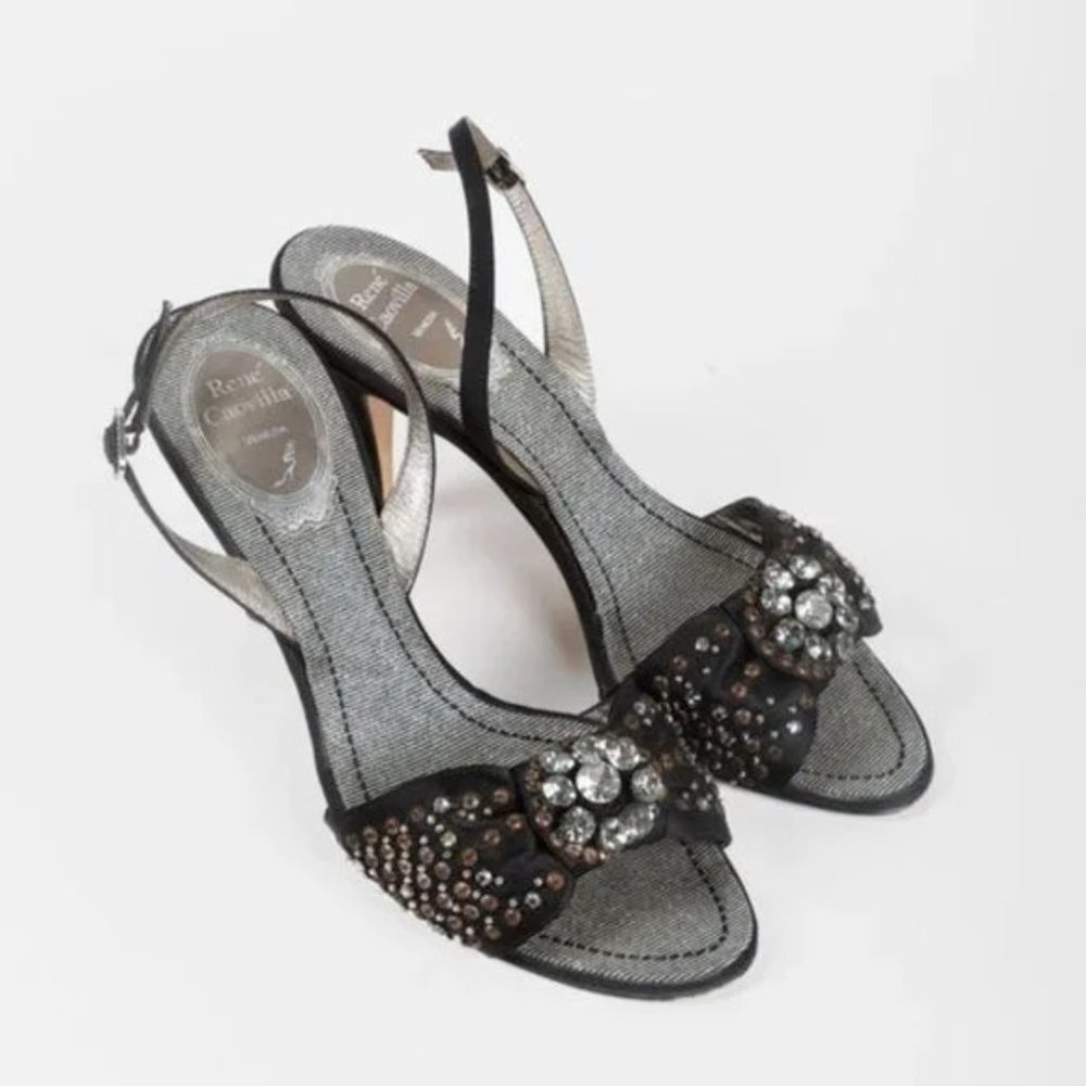 Rene Caovilla Black Crystal Slingback Sandals